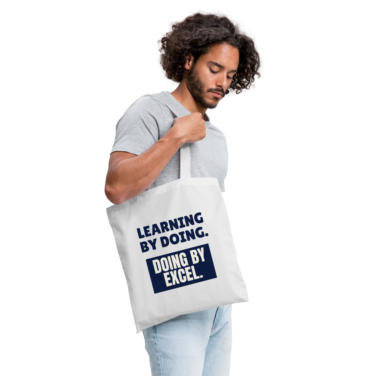"Learning by doing. Doing by Excel." Stoffbeutel, Farbe Weiß