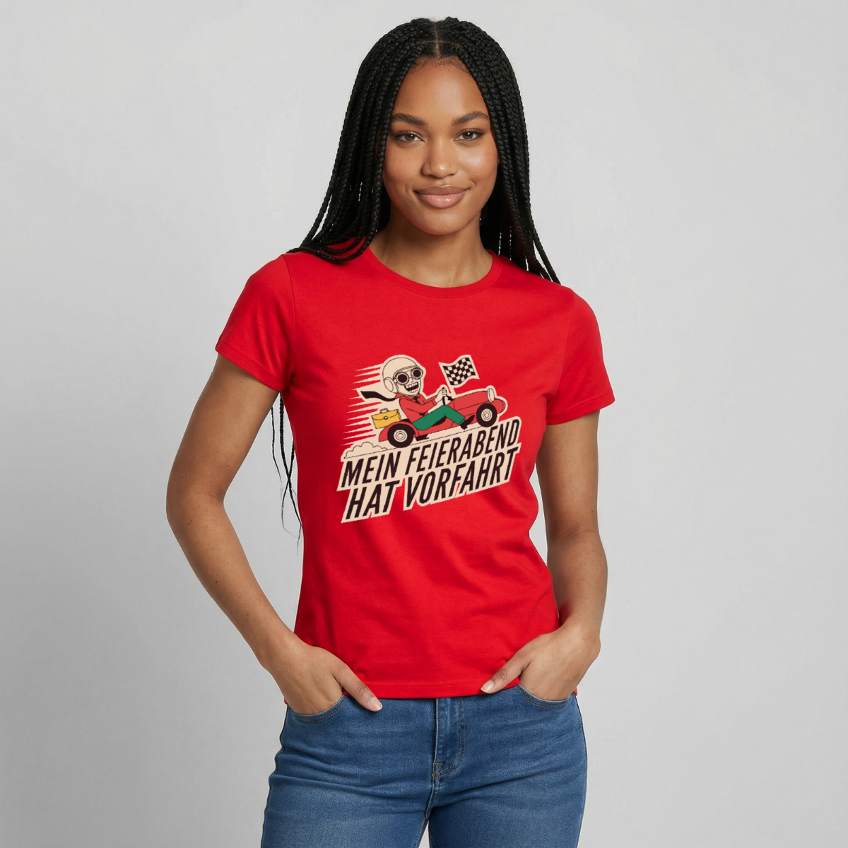 Mein Feierabend hat Vorfahrt. Motiv-T-Shirt für Frauen, Farbe Rot, Model