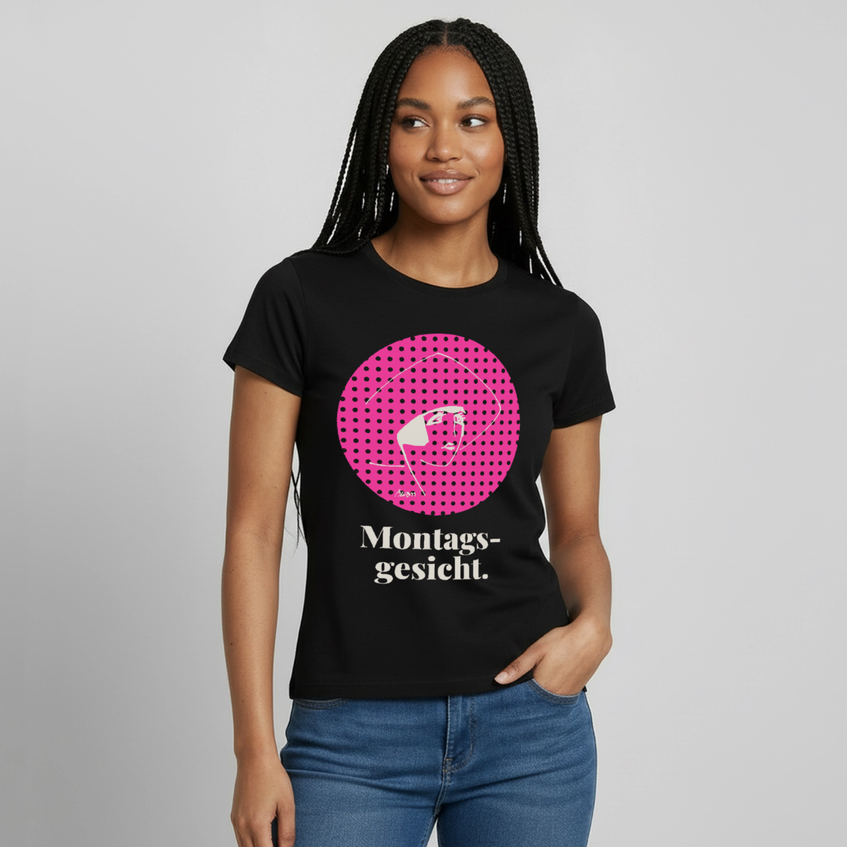 Montagsgesicht. Art-déco-Motiv Motiv-T-Shirt für Frauen, Farbe Schwarz, Model