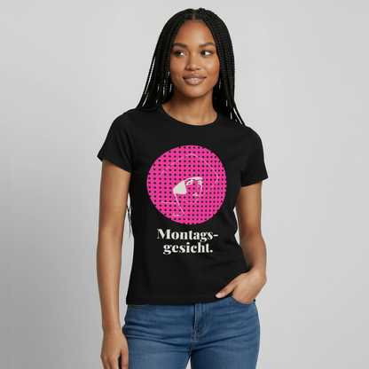 Montagsgesicht. Art-déco-Motiv Motiv-T-Shirt für Frauen, Farbe Schwarz, Model