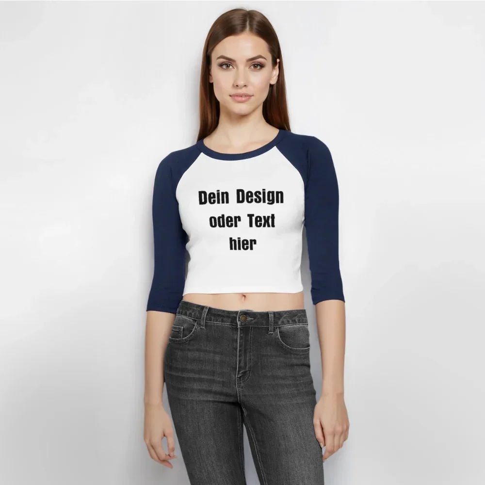 Frauen Cropped Baseball T-Shirt 3/4 Arm - personalisierbare Vorder- und Rückseite - Weiß/Navy 