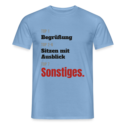 Top 1 Begrüßung, Top 2 bis 6 Sitzen mit Ausblick, Top 7 Sonstiges Motiv-T-Shirt für Männer, Farbe Carolina Blue