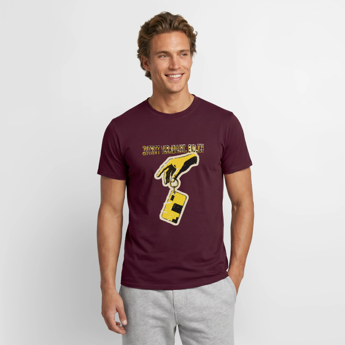 "Zutritt verweigert. Endlich." Motiv-T-Shirt für Männer, Farbe Ziegelrot
