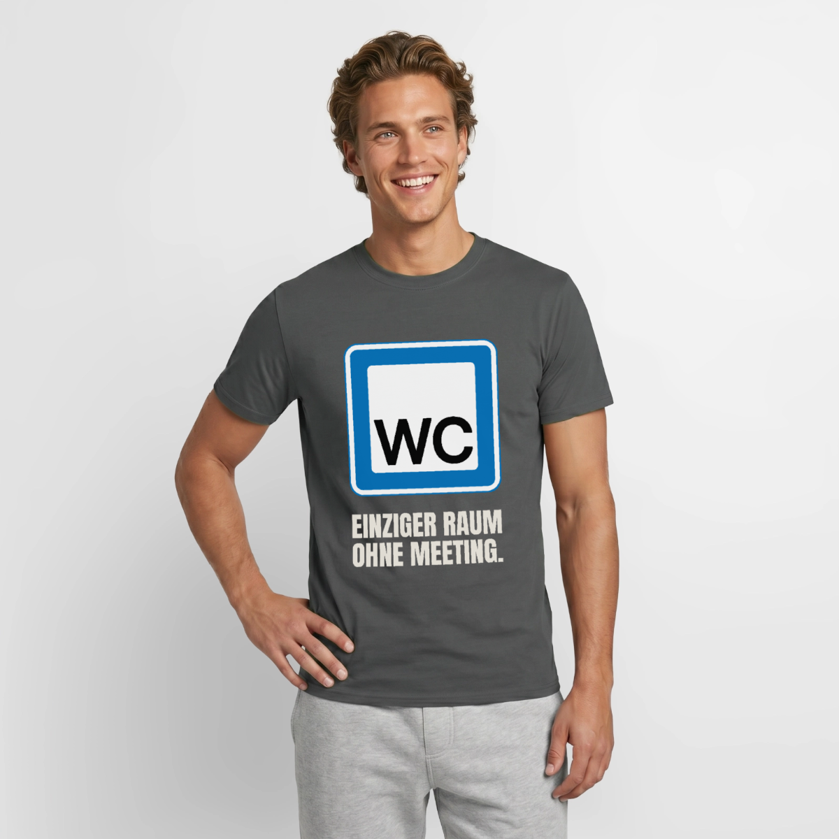 "WC: einziger Raum ohne Meeting." Motiv-T-Shirt für Männer, Farbe Anthrazit