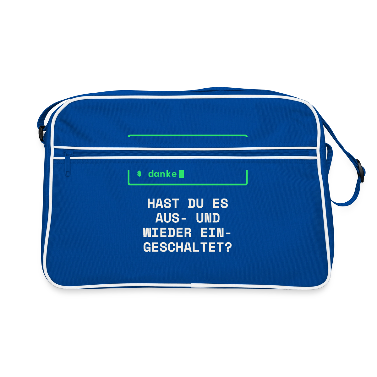 "Hast du es aus- und wieder eingeschaltet?" Motiv-Retro-Tasche, Farbe Blau/Weiß