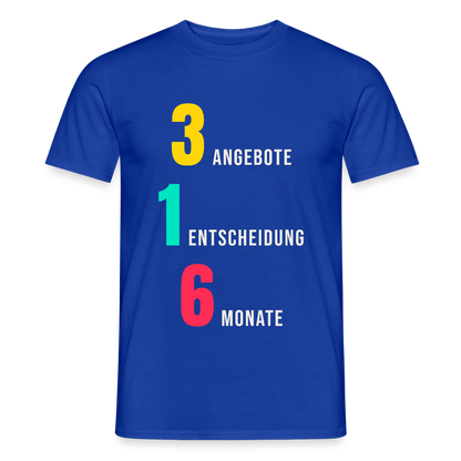 "3 Angebote. 1 Entscheidung. 6 Monate." Motiv-T-Shirt für Männer, Farbe Dunkelblau