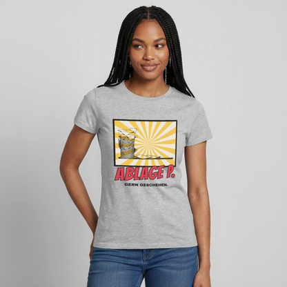 Ablage P. Gern geschehen. Comic-Motiv Motiv-T-Shirt für Frauen, Farbe Grau meliert, Model