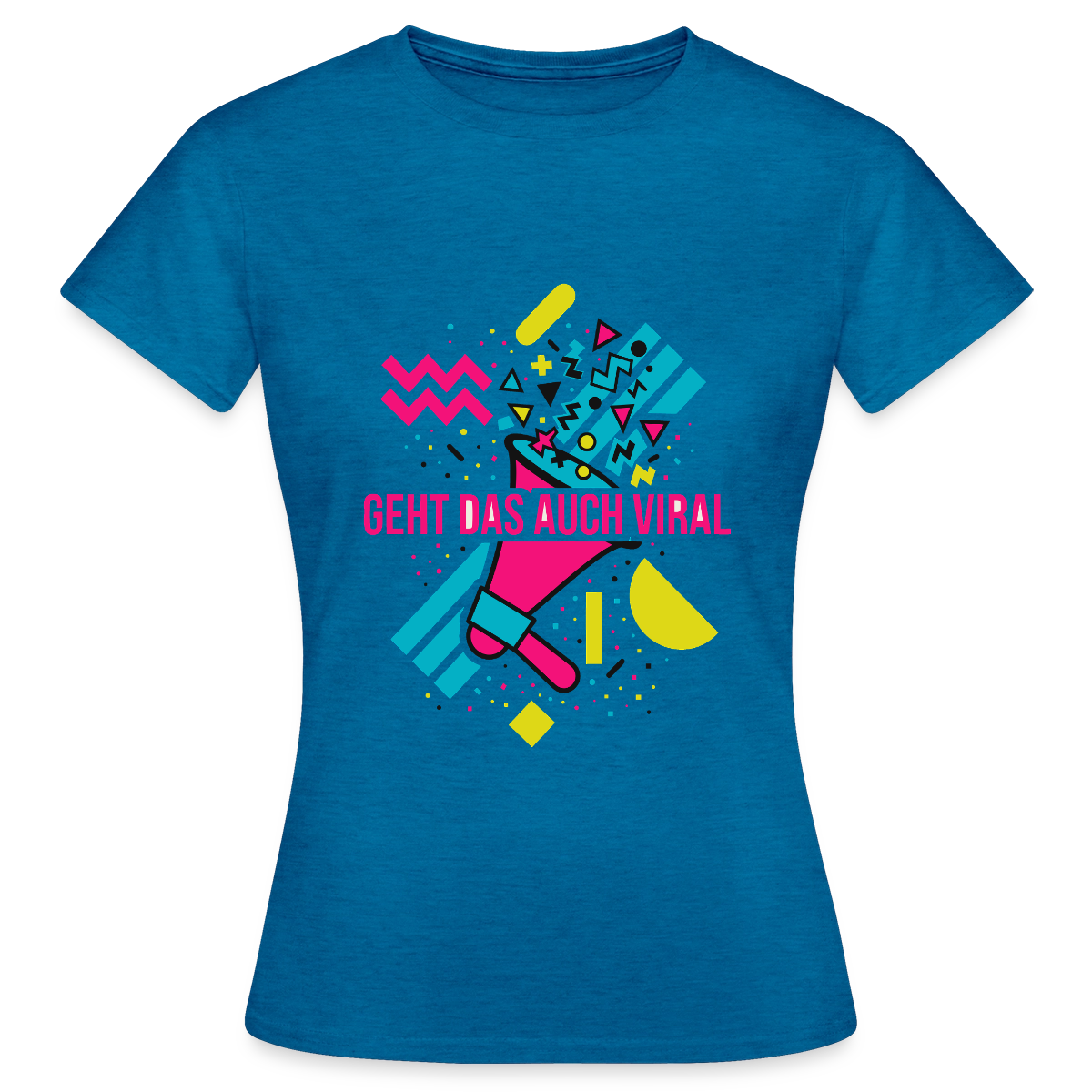 Geht das auch viral? Memphis-Motiv Motiv-T-Shirt für Frauen, Farbe Antikblaues Saphir meliert