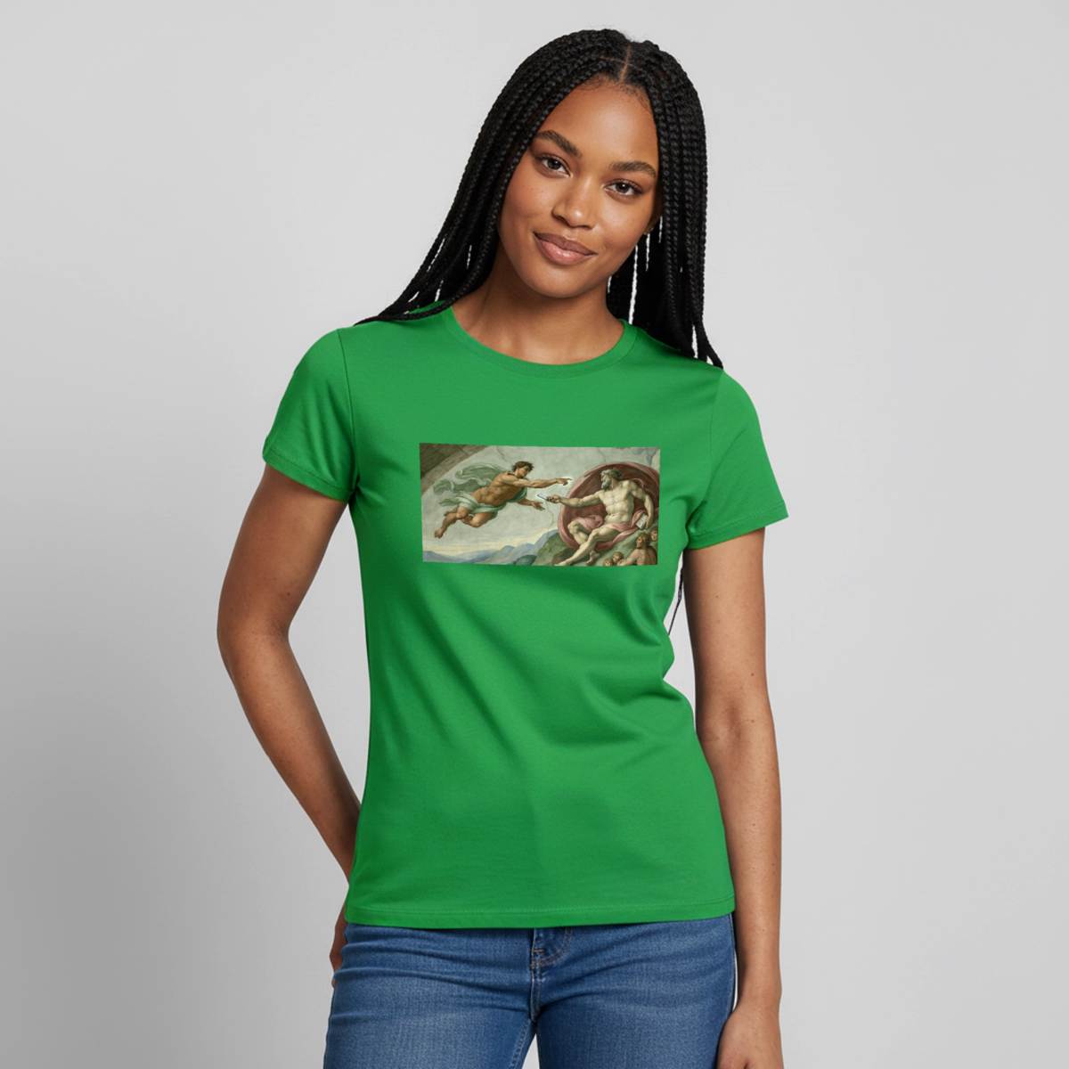 Die Schnittstelle. Renaissance-Motiv Motiv-T-Shirt für Frauen, Farbe Kelly Green, Model