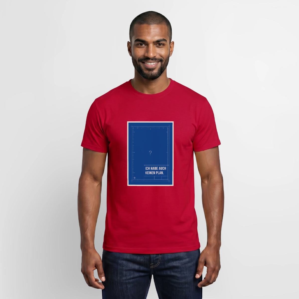 Ich habe auch keinen Plan. Motiv-T-Shirt für Männer, Farbe Rot, Model