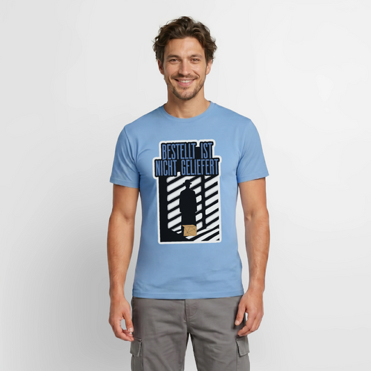 Bestellt ist nicht geliefert. Film-noir-Motiv Motiv-T-Shirt für Männer, Farbe Carolina Blue, Model