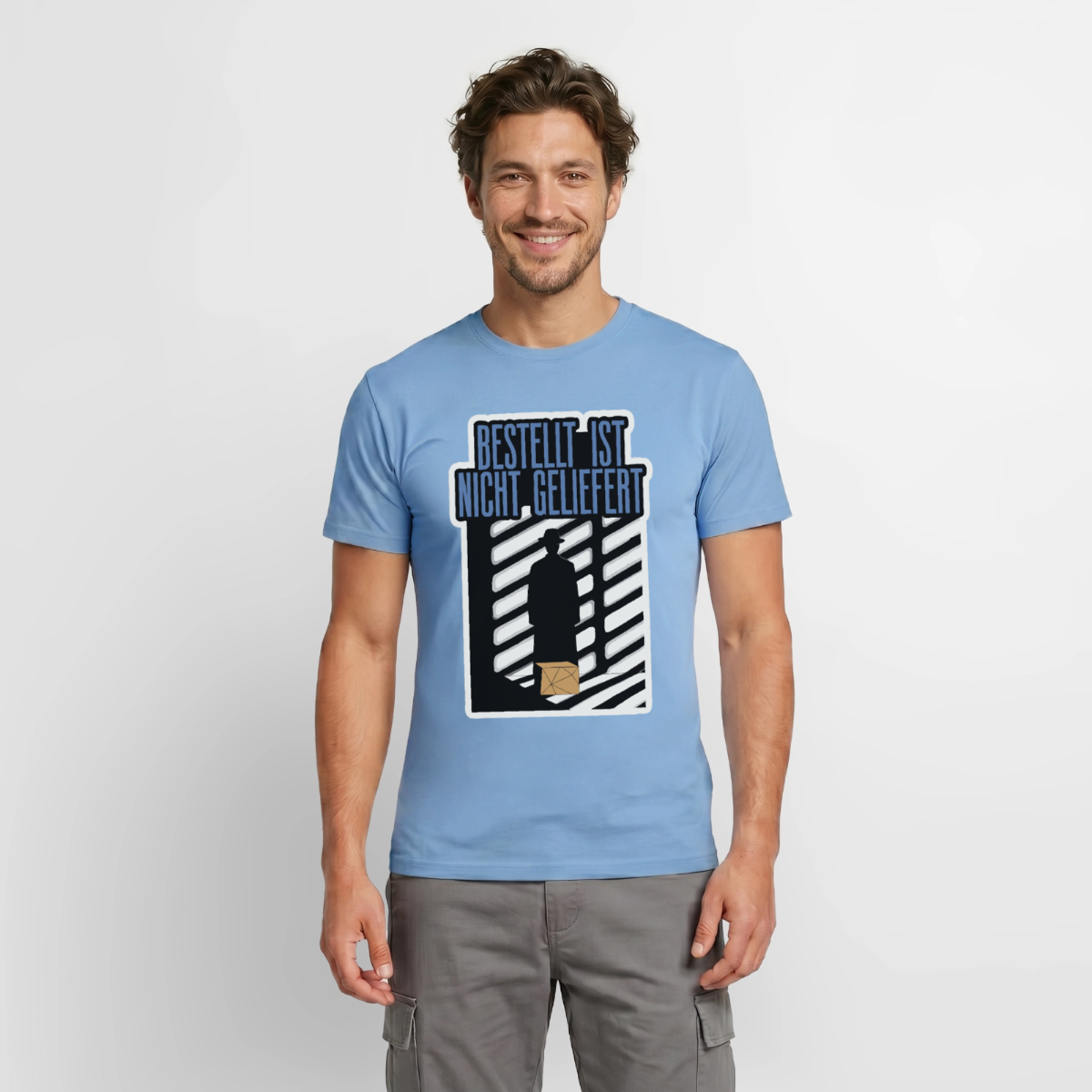 Bestellt ist nicht geliefert. Film-noir-Motiv Motiv-T-Shirt für Männer, Farbe Carolina Blue, Model