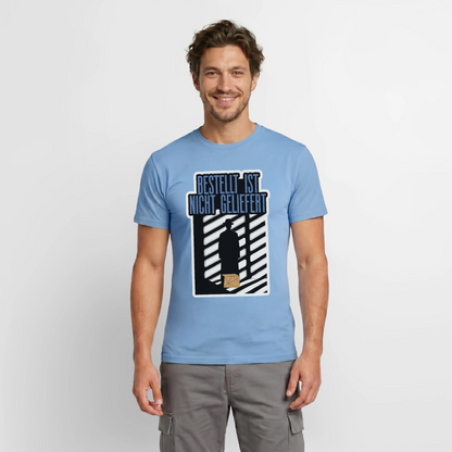 Bestellt ist nicht geliefert. Film-noir-Motiv Motiv-T-Shirt für Männer, Farbe Carolina Blue, Model