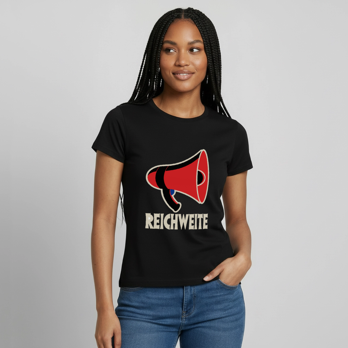 "Reichweite. Sachplakat-Motiv" Motiv-T-Shirt für Frauen, Farbe Schwarz, Model