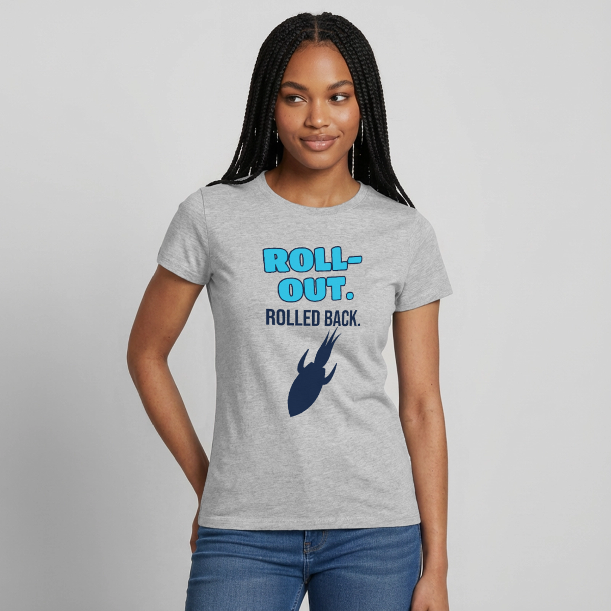 Roll-out. Rolled back. Motiv-T-Shirt für Frauen, Farbe Grau meliert, Model