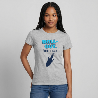 Roll-out. Rolled back. Motiv-T-Shirt für Frauen, Farbe Grau meliert, Model