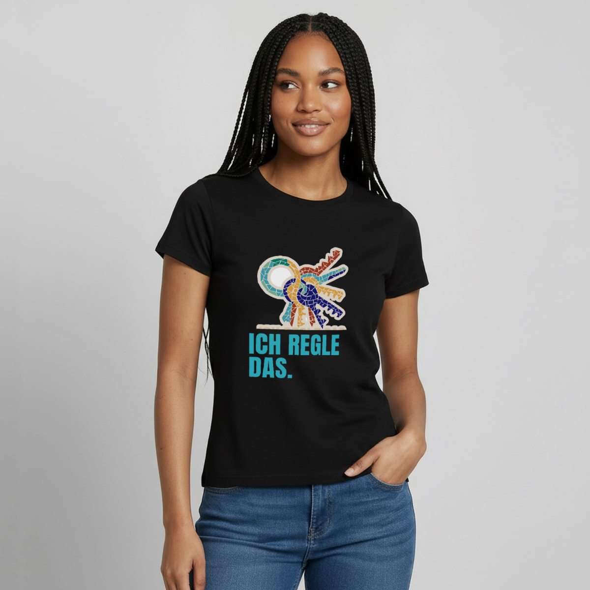 "Ich regle das. Mosaik-Motiv" Motiv-T-Shirt für Frauen, Farbe Schwarz, Model