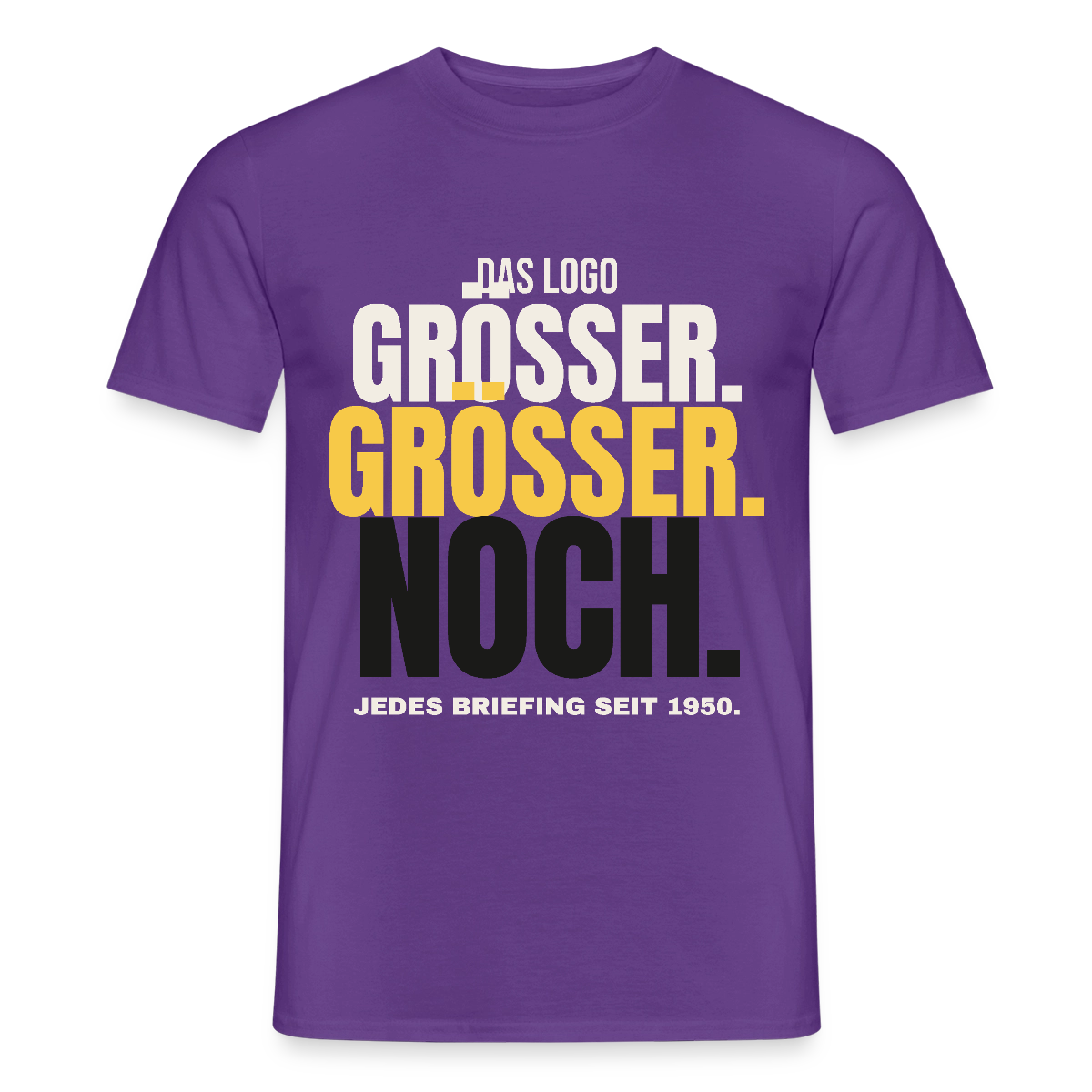 Das Logo größer. Größer. Noch. Jedes Briefing seit 1950. Motiv-T-Shirt für Männer, Farbe Lila