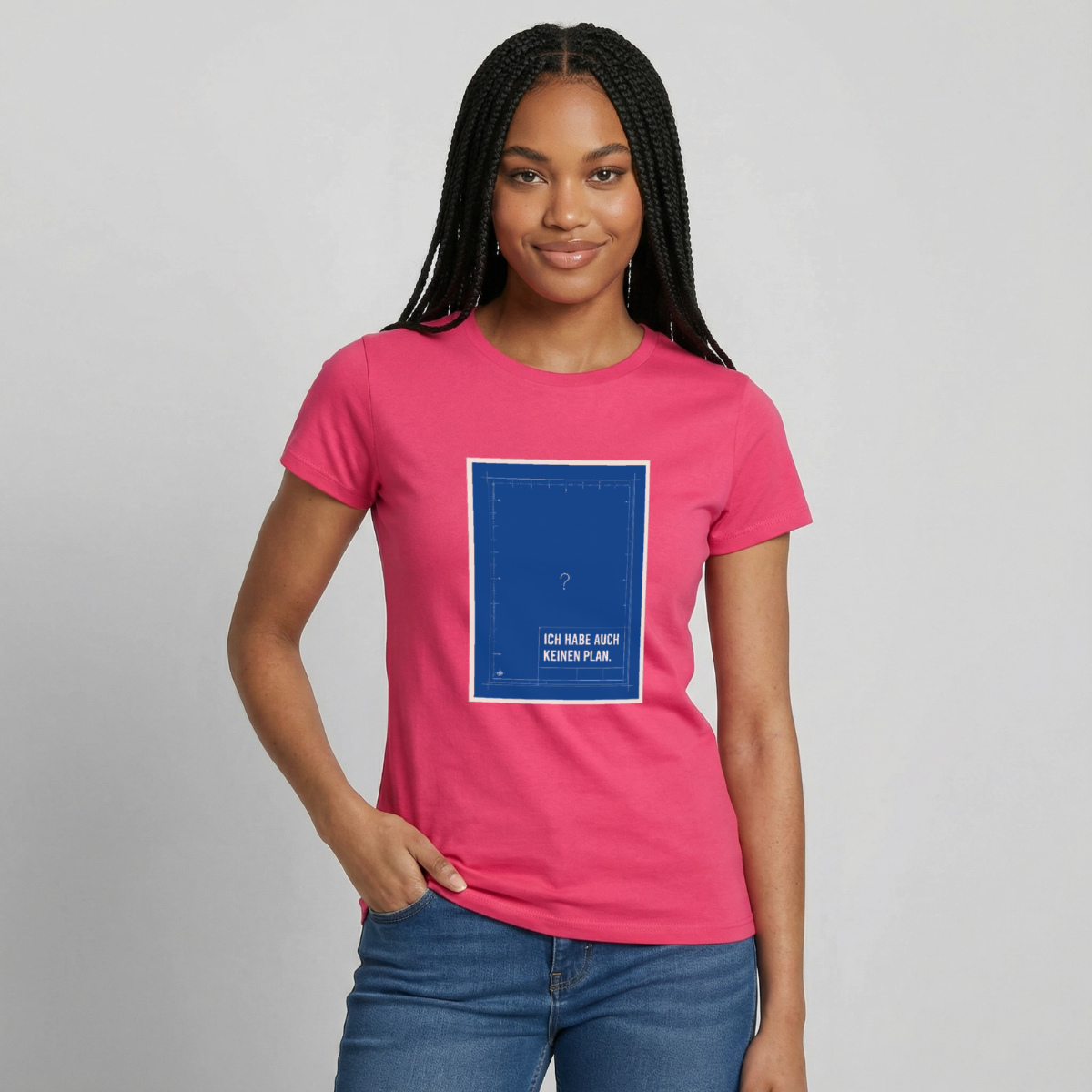 Ich habe auch keinen Plan. Motiv-T-Shirt für Frauen, Farbe Azalea, Model