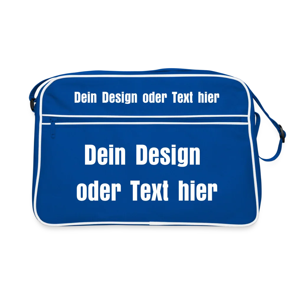 Retro Tasche mit Reißverschluss - personalisierbar - Blau/Weiß