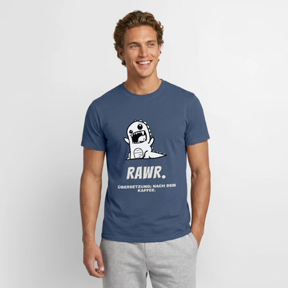 "Rawr. Übersetzung: nach dem Kaffee." Motiv-T-Shirt für Männer, Farbe Dunkles Denimblau
