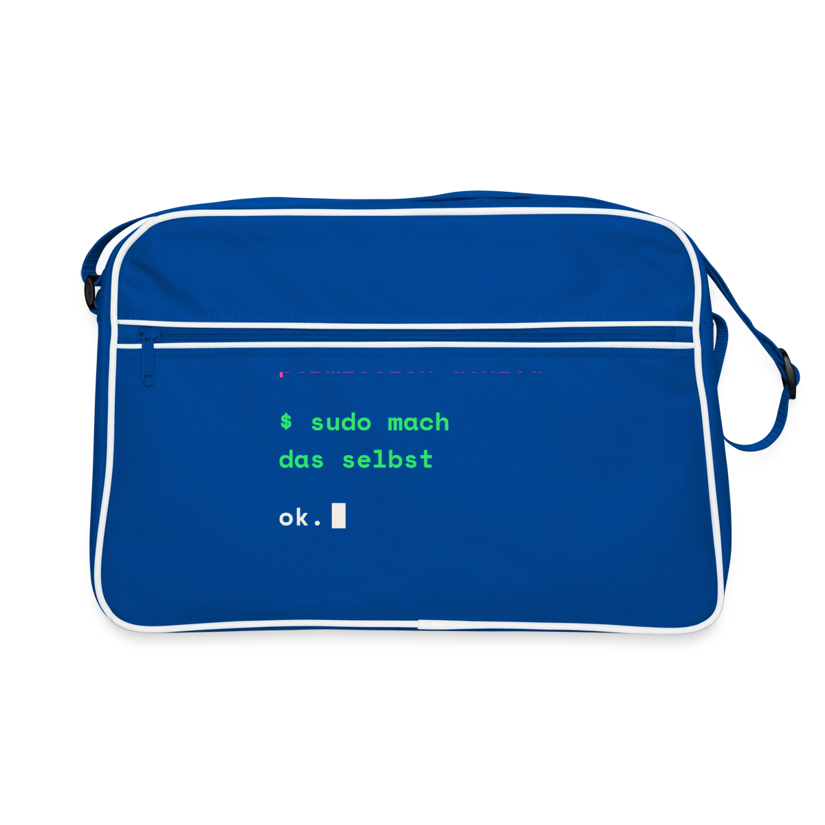 "Mach das mal. Permission denied. Sudo mach das selbst." Motiv-Retro-Tasche, Farbe Blau/Weiß