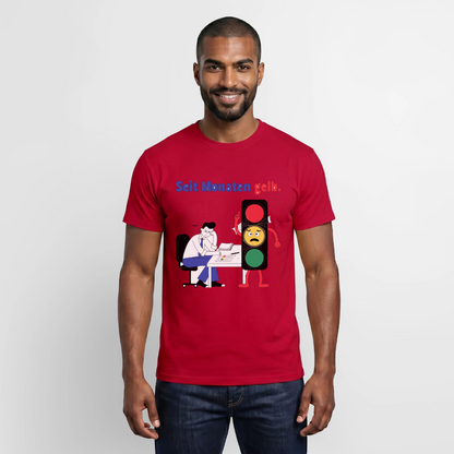 "Seit Monaten gelb. Ampel-Motiv" Motiv-T-Shirt für Männer, Farbe Rot