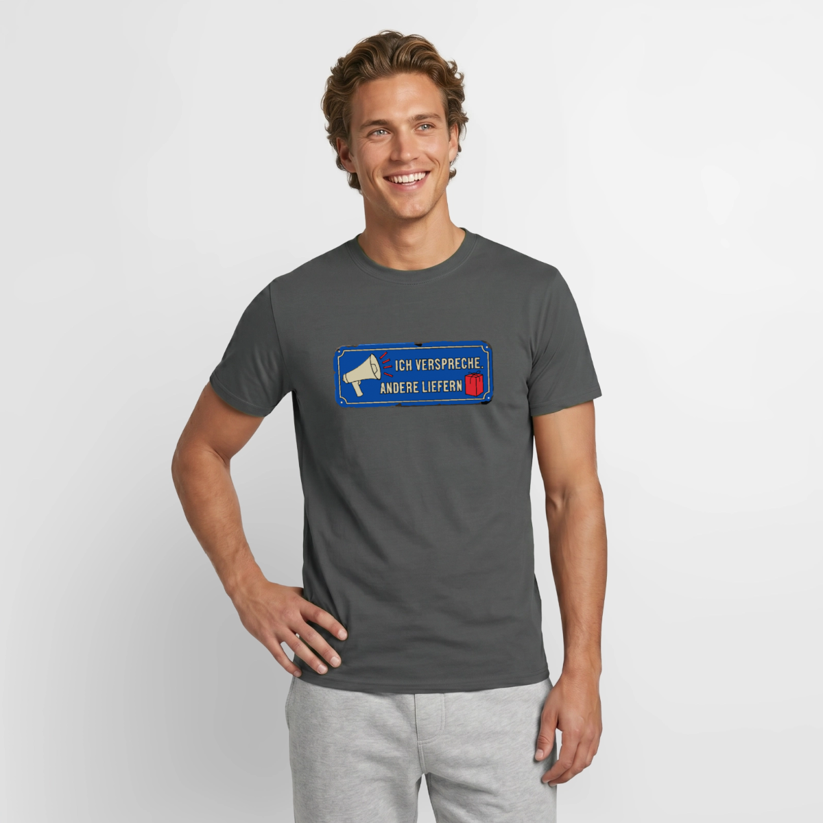 Ich verspreche. Andere liefern. Motiv-T-Shirt für Männer, Farbe Anthrazit, Model