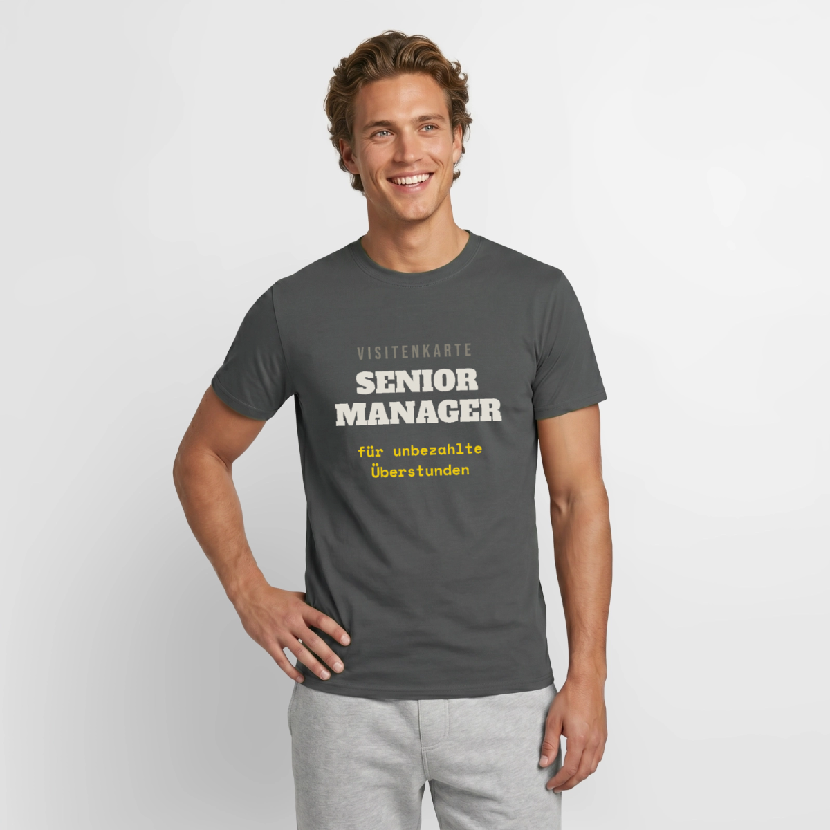 "Senior Manager für unbezahlte Überstunden" Motiv-T-Shirt für Männer, Farbe Anthrazit