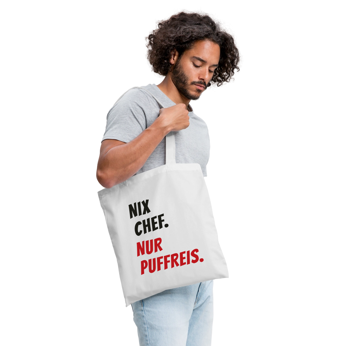 Nix Chef. Nur Puffreis. Stoffbeutel, Farbe Weiß, Model