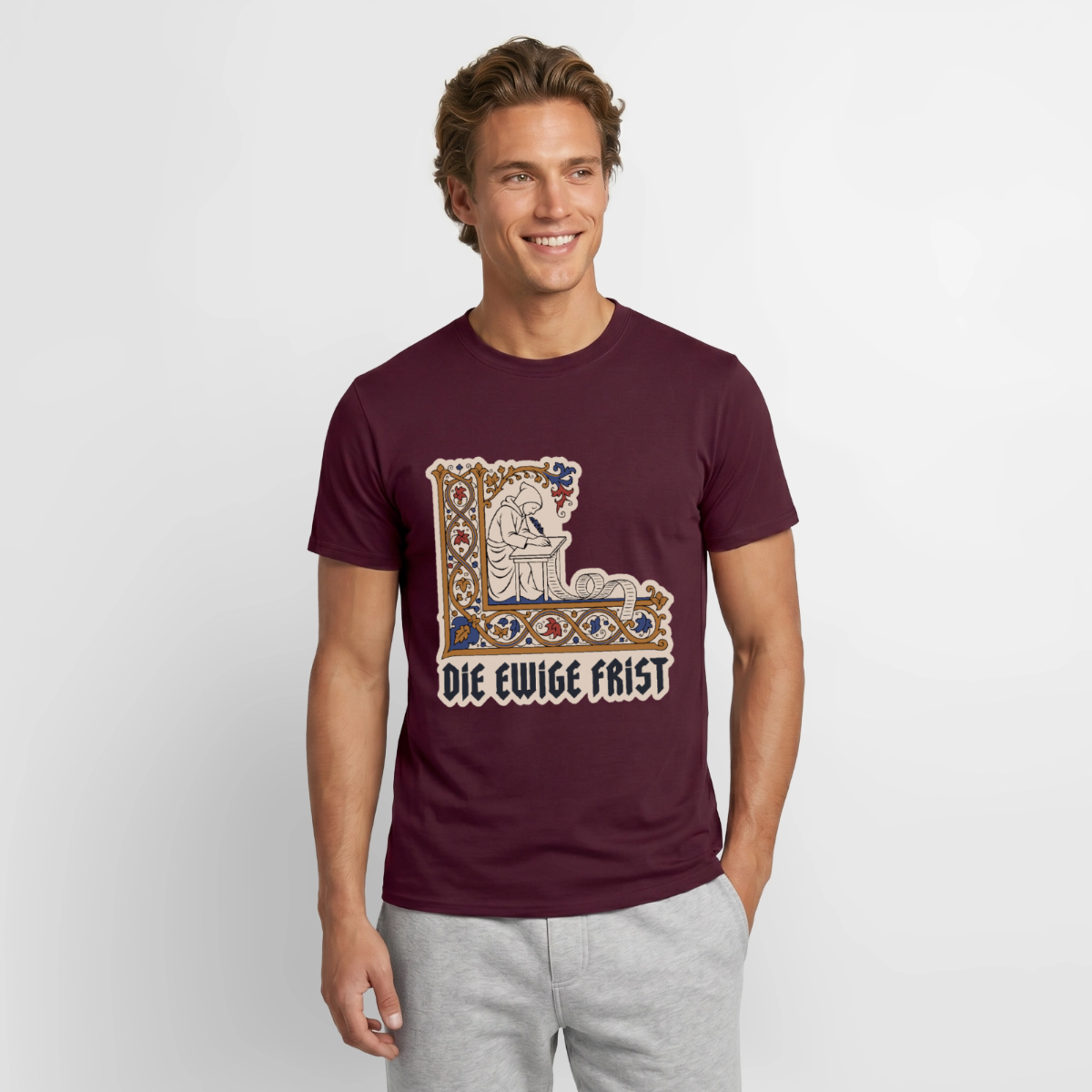 "Die ewige Frist. Buchmalerei-Motiv" Motiv-T-Shirt für Männer, Farbe Ziegelrot