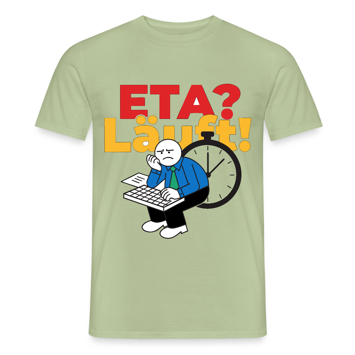 "ETA? Läuft! Strichfiguren-Motiv" Motiv-T-Shirt für Männer, Farbe Sage
