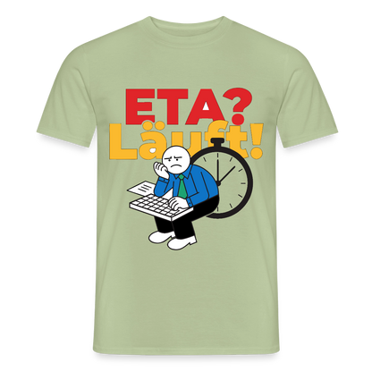 "ETA? Läuft! Strichfiguren-Motiv" Motiv-T-Shirt für Männer, Farbe Sage