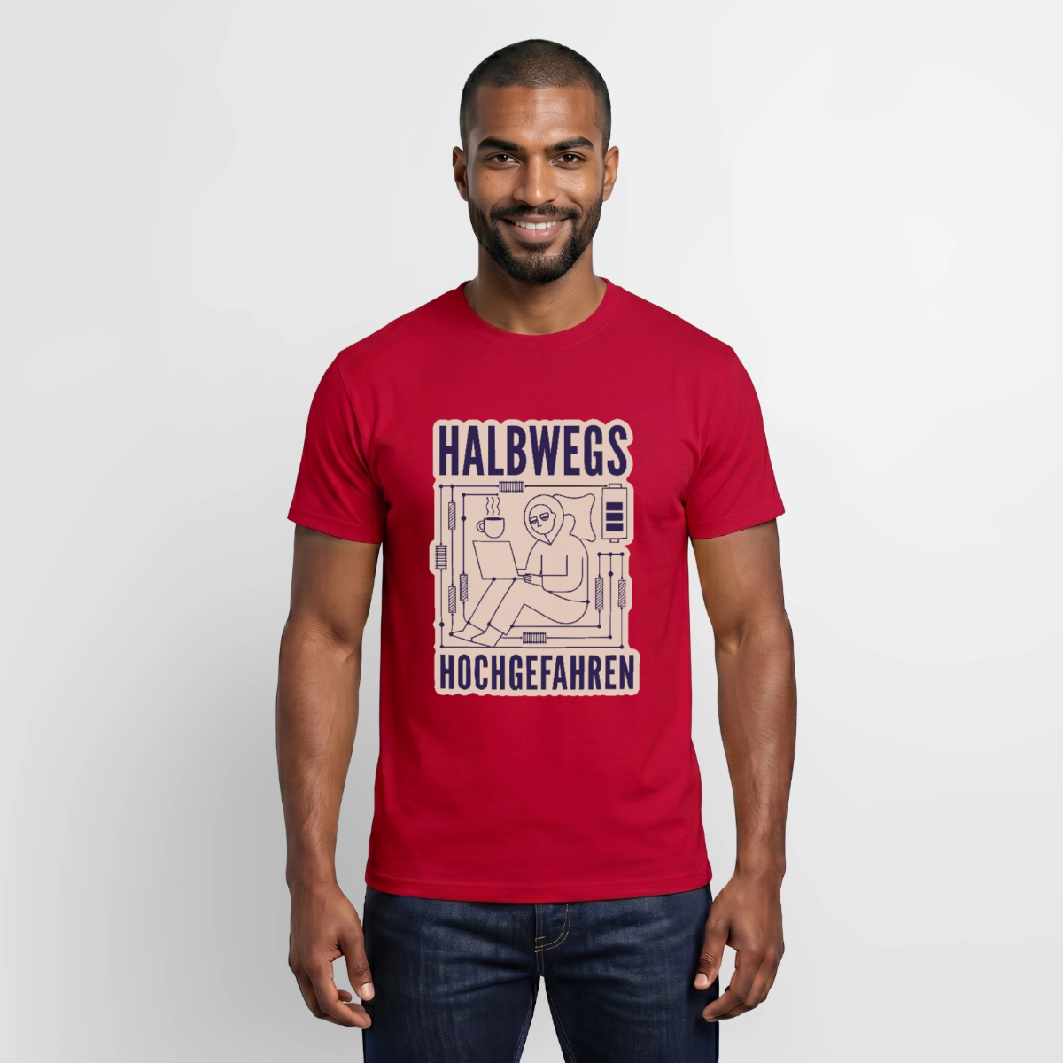 Halbwegs hochgefahren. Motiv-T-Shirt für Männer, Farbe Rot, Model