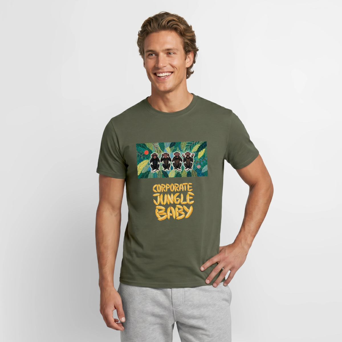 Corporate Jungle, Baby! Motiv-T-Shirt für Männer, Farbe Militärgrün, Model