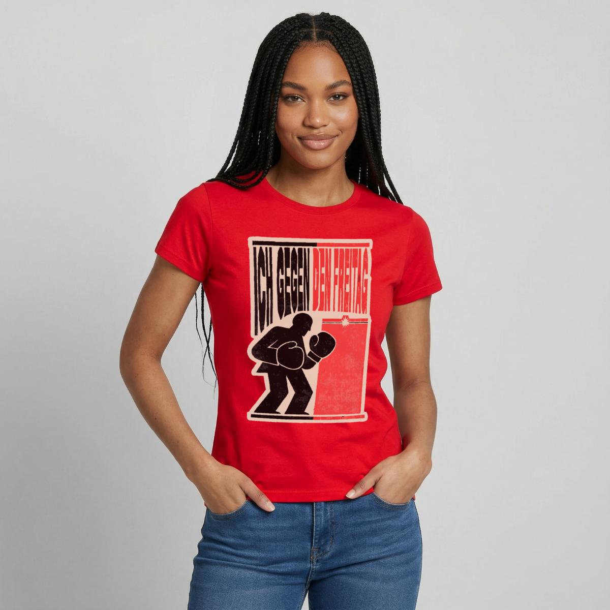 "Ich gegen den Freitag. Boxplakat-Motiv" Motiv-T-Shirt für Frauen, Farbe Rot