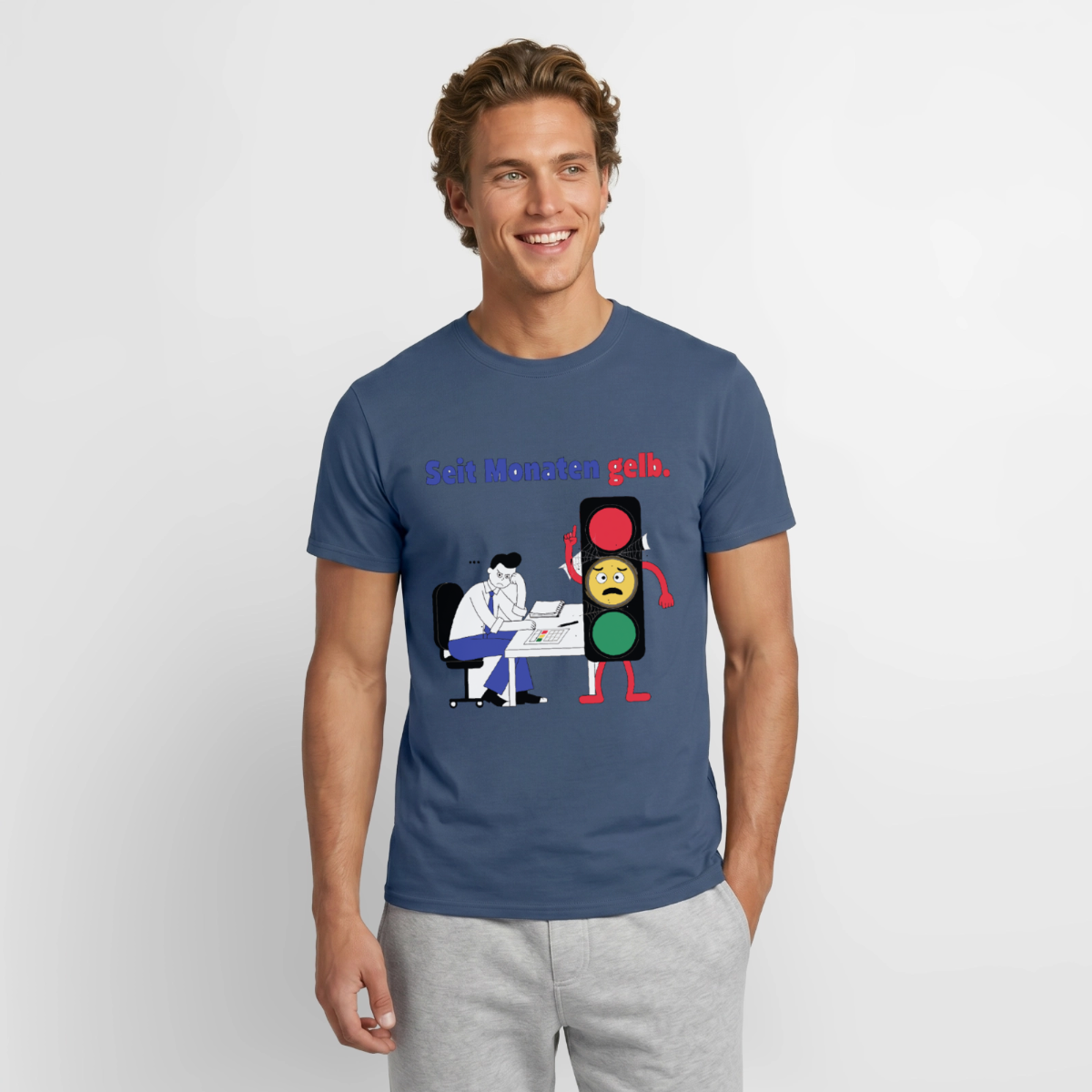 "Seit Monaten gelb. Ampel-Motiv" Motiv-T-Shirt für Männer, Farbe Dunkles Denimblau