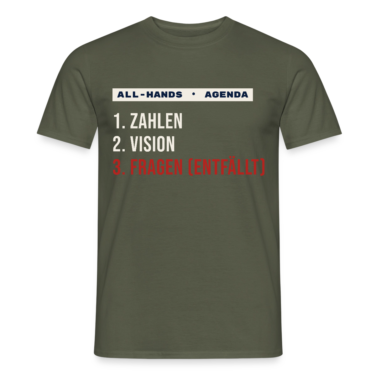 All-Hands-Agenda: 1 Zahlen, 2 Vision, 3 Fragen (entfällt) Motiv-T-Shirt für Männer, Farbe Militärgrün