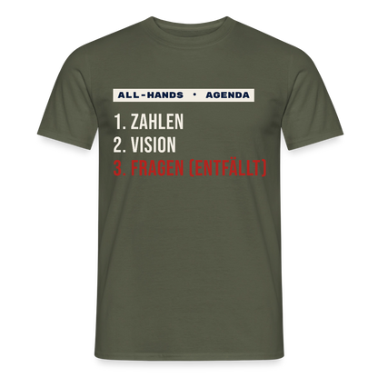 All-Hands-Agenda: 1 Zahlen, 2 Vision, 3 Fragen (entfällt) Motiv-T-Shirt für Männer, Farbe Militärgrün
