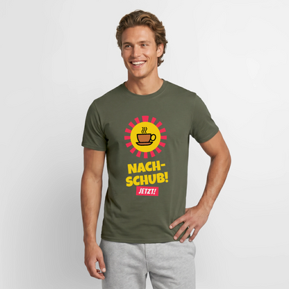 "Nachschub! Jetzt!" Motiv-T-Shirt für Männer, Farbe Militärgrün