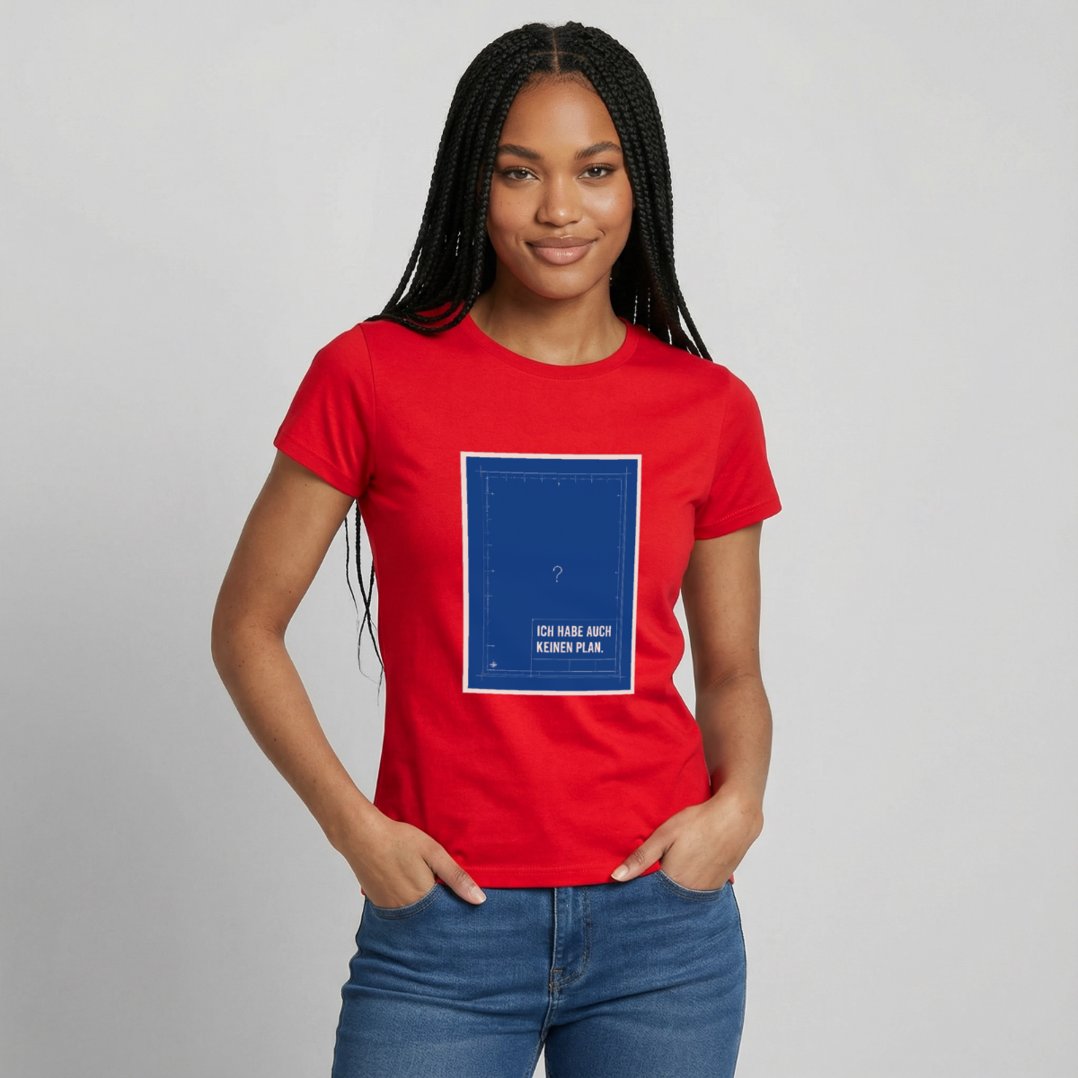 Ich habe auch keinen Plan. Motiv-T-Shirt für Frauen, Farbe Rot, Model