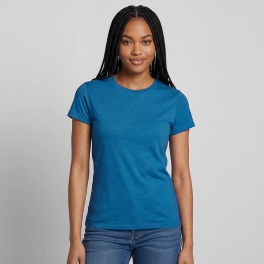Frauen T-Shirt - personalisierbare Vorder- und Rückseite - Antikblaues Saphir meliert