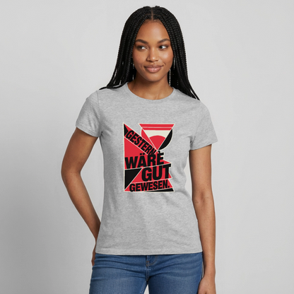Gestern wäre gut gewesen. Konstruktivismus-Motiv Motiv-T-Shirt für Frauen, Farbe Grau meliert, Model