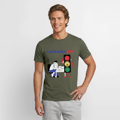 "Seit Monaten gelb. Ampel-Motiv" Motiv-T-Shirt für Männer, Farbe Militärgrün