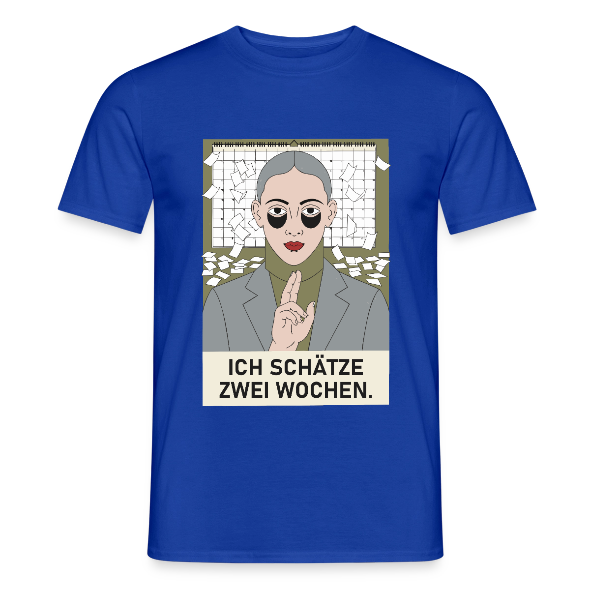 Ich schätze zwei Wochen. Porträt-Motiv Motiv-T-Shirt für Männer, Farbe Dunkelblau
