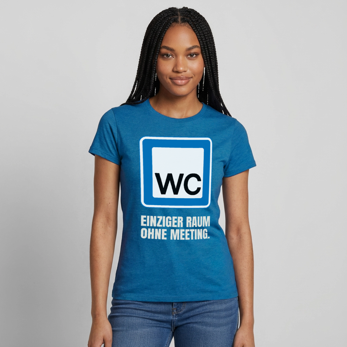 "WC: einziger Raum ohne Meeting." Motiv-T-Shirt für Frauen, Farbe Antikblaues Saphir meliert