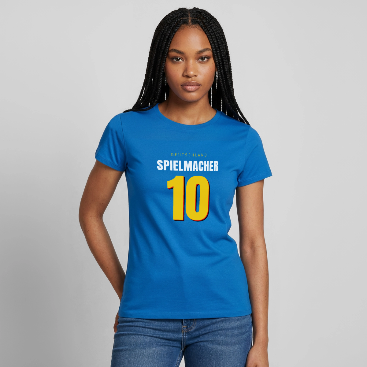 Spielmacher. Trikotnummer-Motiv Motiv-T-Shirt für Frauen, Farbe Royalblau, Model