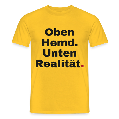 Oben Hemd, unten Realität Motiv-T-Shirt für Männer, Farbe Gelb