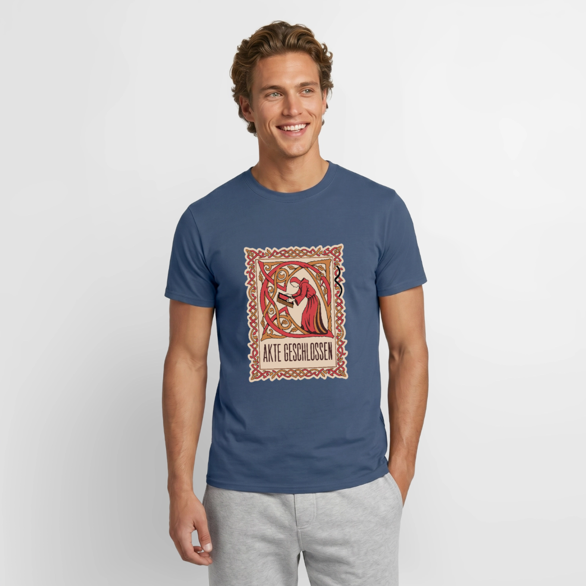 "Akte geschlossen. Buchmalerei-Motiv" Motiv-T-Shirt für Männer, Farbe Dunkles Denimblau