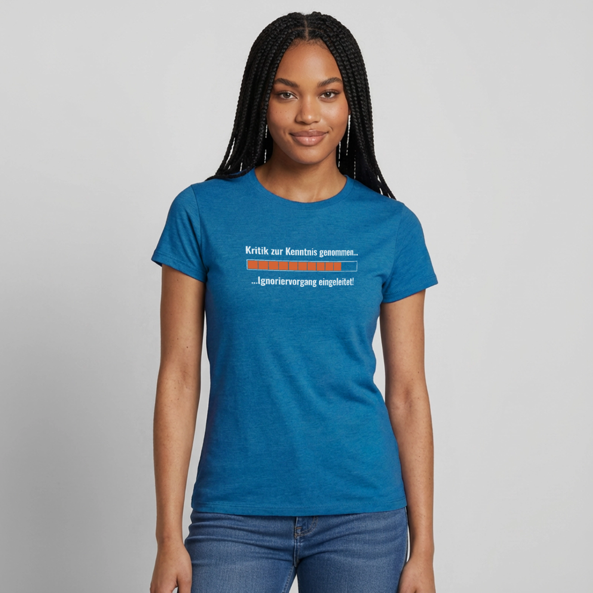 Kritik zur Kenntnis genommen. Ladebalken-Motiv Motiv-T-Shirt für Frauen, Farbe Antikblaues Saphir meliert, Model